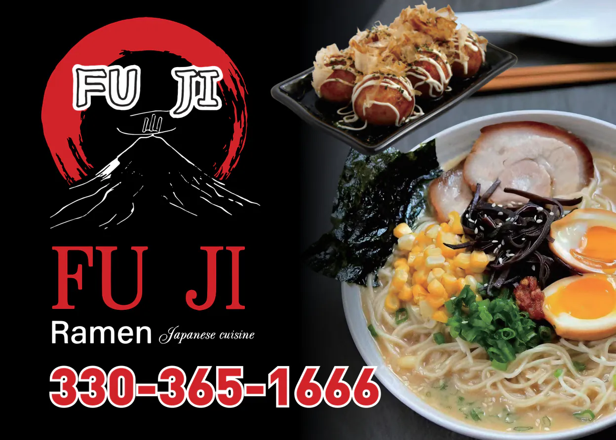 Poster featuring tonkotsu ramen and takoyaki at Fuji Ramen Japanese Cuisine, a Japanese Restaurant in New Philadelphia
